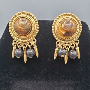 Vintache Gold Marbled Cabochon Beads Drop Etruscan Style